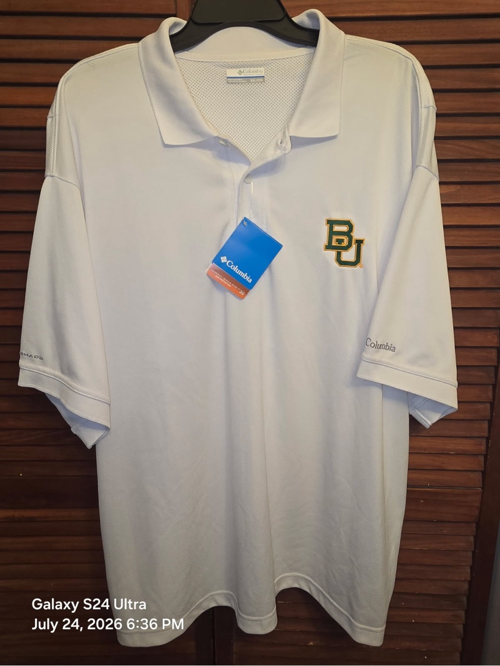 Columbia White Men's Polo with Green & Gold BU Logo